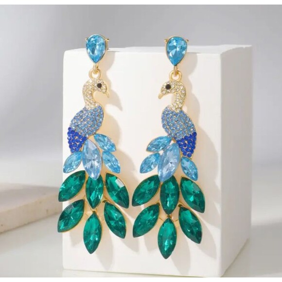 Iced Gold Peacock Dangle Earrings Blue Green Rhinestones - Picture 1 of 6